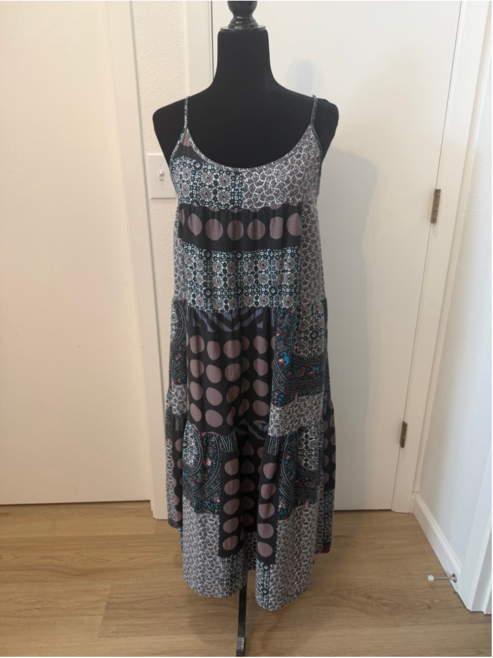 Gracila M Boho Patchwork Maxi Dress Sleeveless Pockets Loose Swing Sundress